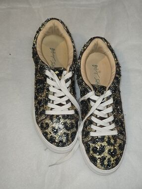 Betsey Johnson Black and Gold Leopard Sequin Sneakers
